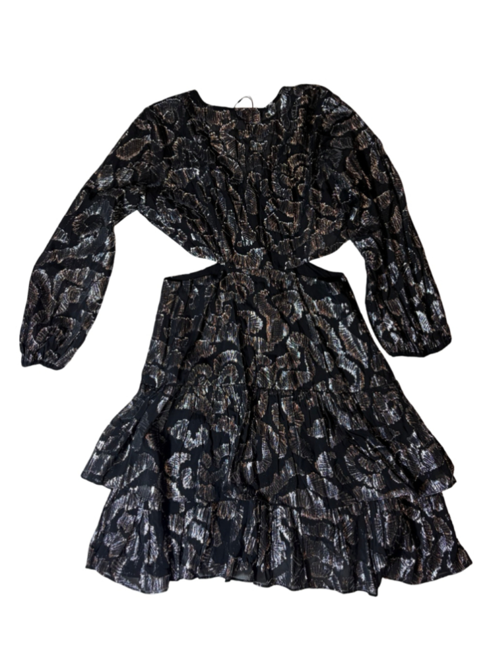 Maje Metallic Floral Cutout Long Sleeve Tiered Mini Dress Size 38 US 6